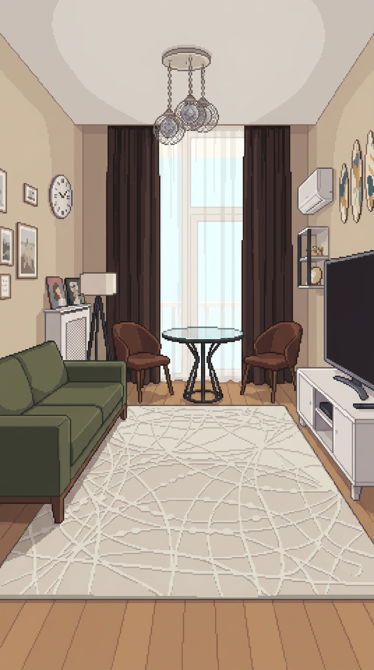 A warm pixel-art living room