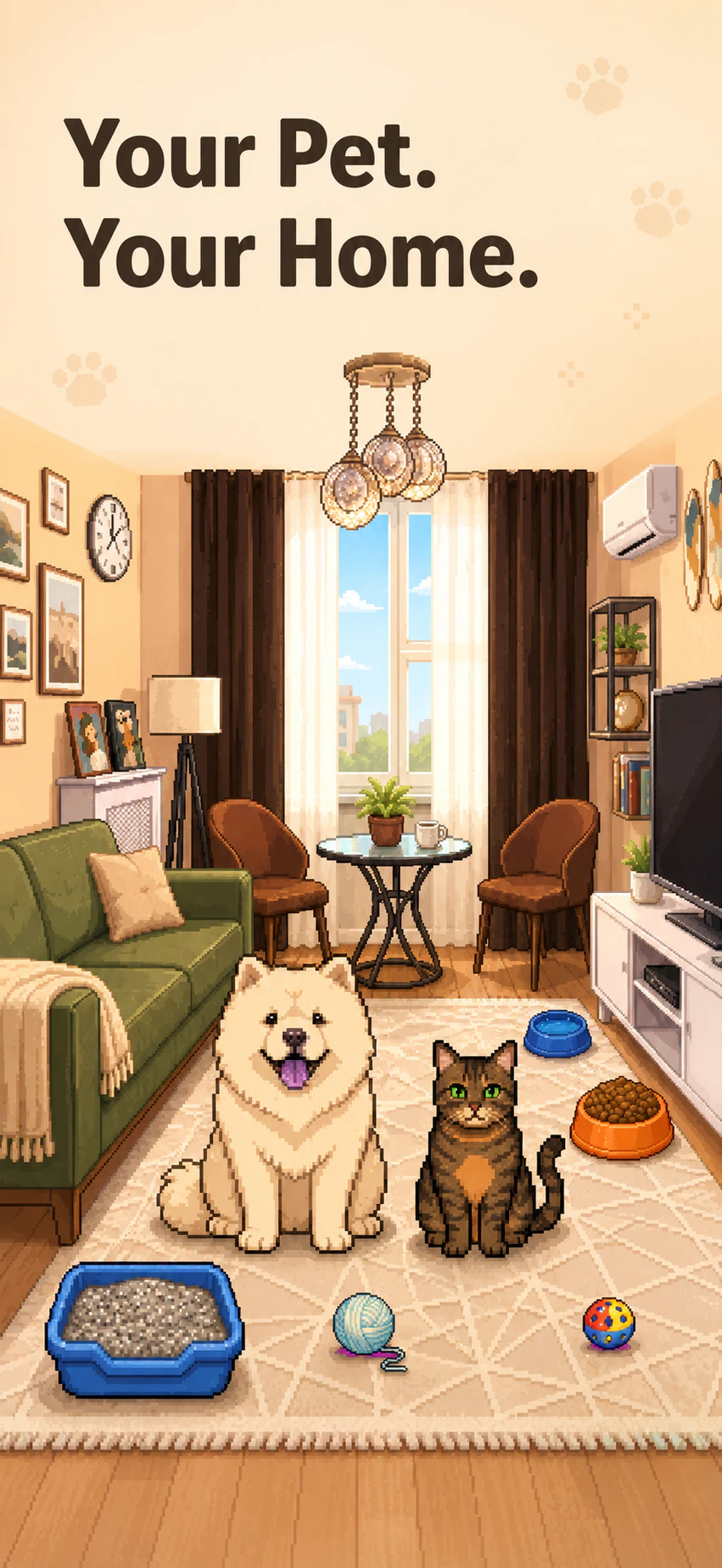 A cat and dog together in their personalized pixel room